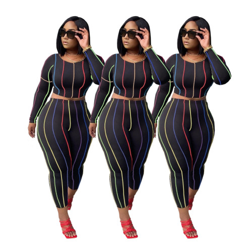 Round neck leisure sports color stripe printing two-piece suit Q727