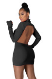 Pure color sexy open back knitted bag hip nightclub dress WMZ2598