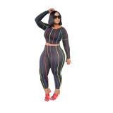 Round neck leisure sports color stripe printing two-piece suit Q727