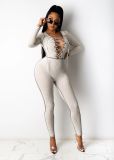 Womens Fashion Casual Sexy Eyelet Tie Long Sleeve Hang Strip Jumpsuit W8344