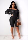 Womens fashion casual sexy one-shoulder zipper PU leather jumpsuit W8340