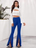 High waist belted solid color flared trousers LD8566