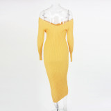 womens mid-length solid color sweater knit sweater womens pullover V-neck knitted dress DHK651