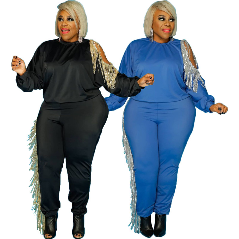 Sequin fringed sweater + trousers plus size two-piece ladies in stock YF1348