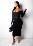 womens mid-length solid color sweater knit sweater womens pullover V-neck knitted dress DHK651