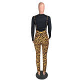 Autumn and winter big tongue print top leopard print suspenders two-piece suit HH8951