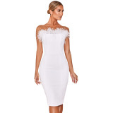 Solid color strapless sleeveless tube top stitching feather dress TQS910010
