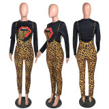 Autumn and winter big tongue print top leopard print suspenders two-piece suit HH8951