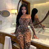 Sexy leopard print jumpsuit fashion high waist bag hip casual suit women K20S09947