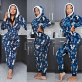 Casual Womens Hooded Christmas Printed Homewear V-neck Jumpsuit SN390043