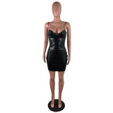 Sexy V-neck Sling Zipper Dress Nightclub Dress Wrapped Chest Leather Skirt JLX2002