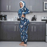 Casual Womens Hooded Christmas Printed Homewear V-neck Jumpsuit SN390043