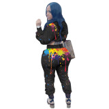 Fashion Womens drawstring solid color splash ink hooded long-sleeved trousers two-piece suit OEP6238