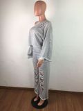 Solid color burnt flower hole strapless loose long sleeve casual suit JLX6150