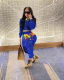 Fashion Womens drawstring solid color splash ink hooded long-sleeved trousers two-piece suit OEP6238