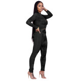 Fashion womens hip-lifting slim fit pleated stitching mesh printed sports suit two-piece TK6139
