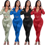 Fashion womens hip-lifting slim fit pleated stitching mesh printed sports suit two-piece TK6139