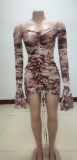 Sexy printed shoulder straps ruffle dress nightclub clothes KA7146