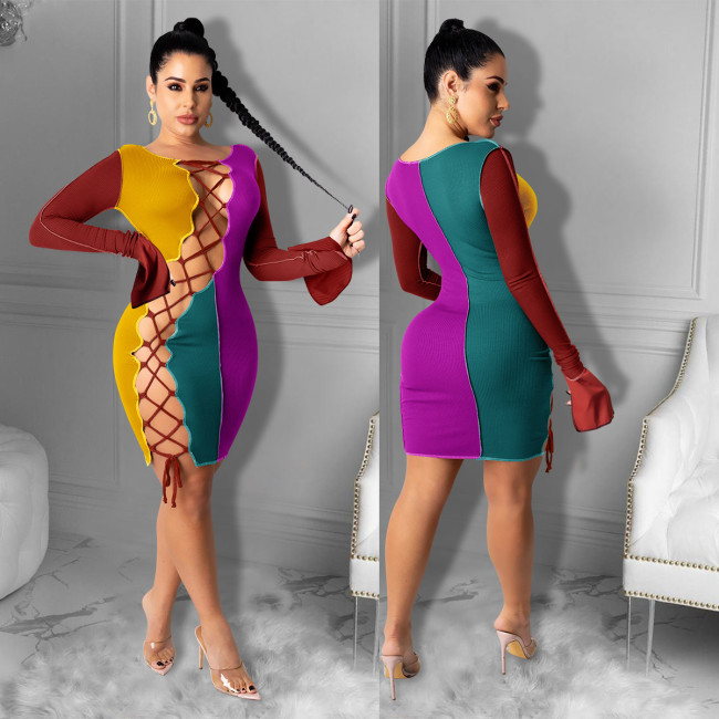 Contrasting color tie long sleeve dress CY1294