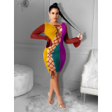 Contrasting color tie long sleeve dress CY1294