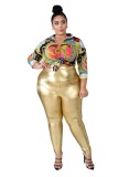 Womens fashion all-match PU hot stamping fat lady plus size casual trousers XL-5XL SJ5272