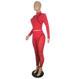 Womens special stitching suit autumn solid color see-through long-sleeved trousers suit YY5243