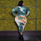 Tie-dye printed tight-fitting buttocks sexy long autumn and winter plus size Womens dress OSS20975