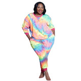 Tie-dye printing contrast color knitted fashion casual two-piece suit plus size Womens suit OSS20971