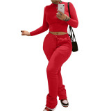 Womens solid color drawstring pile pile pants pocket high collar casual two-piece suit ARM8240