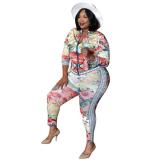 Camouflage flower stripe printed cardigan fashion casual two-piece suit plus size Womens suit OSS20950