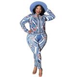 Camouflage flower stripe printed cardigan fashion casual two-piece suit plus size Womens suit OSS20950