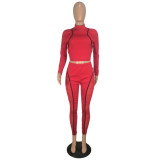 Womens special stitching suit autumn solid color see-through long-sleeved trousers suit YY5243