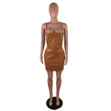 Sexy zipper dress nightclub dress suspenders wrapped chest open back leather skirt JLX2005