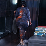Tie-dye printed tight-fitting buttocks sexy long autumn and winter plus size Womens dress OSS20975