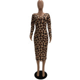Women Fashion Leopard Print Long Sleeve Deep V Dress FS3625