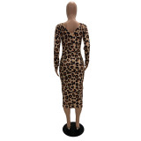 Women Fashion Leopard Print Long Sleeve Deep V Dress FS3625