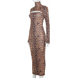 Long-sleeved high-neck hollow top leopard print chest-wrapped split dress A20665S