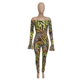 Sexy female slim fit flared sleeve leopard print jumpsuit winter Q1073