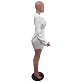 Womens sexy long sleeve lapel belt cardigan short skirt solid color dress FS3629