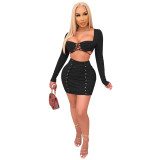 Fashion sexy lace wrap chest long sleeve two-piece short skirt bag hip skirt female XZ3756
