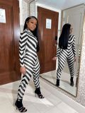 Symmetrical stripe print ladies skinny high-neck jumpsuit KZ212