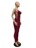 Low-cut sexy bandage pleated solid color jumpsuit WMZ2604