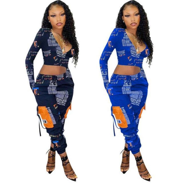 Womens printed sexy big pocket English letters black blue two-piece suit AFY702