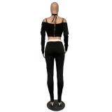Womens sexy navel-bearing deep V-neck strapless stitching top slim trousers YM160
