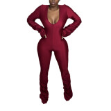 Long sleeve pleated sexy skinny ladies solid color jumpsuit KZ211