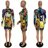 Womens printed positive and negative sexy dress long sleeve short skirt YY5249