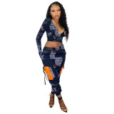Womens printed sexy big pocket English letters black blue two-piece suit AFY702