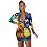 Womens printed positive and negative sexy dress long sleeve short skirt YY5249