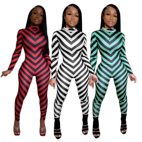 Symmetrical stripe print ladies skinny high-neck jumpsuit KZ212