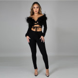 Two-piece Womens ostrich hair long-sleeved shirt slim pile pile pants CCY8824